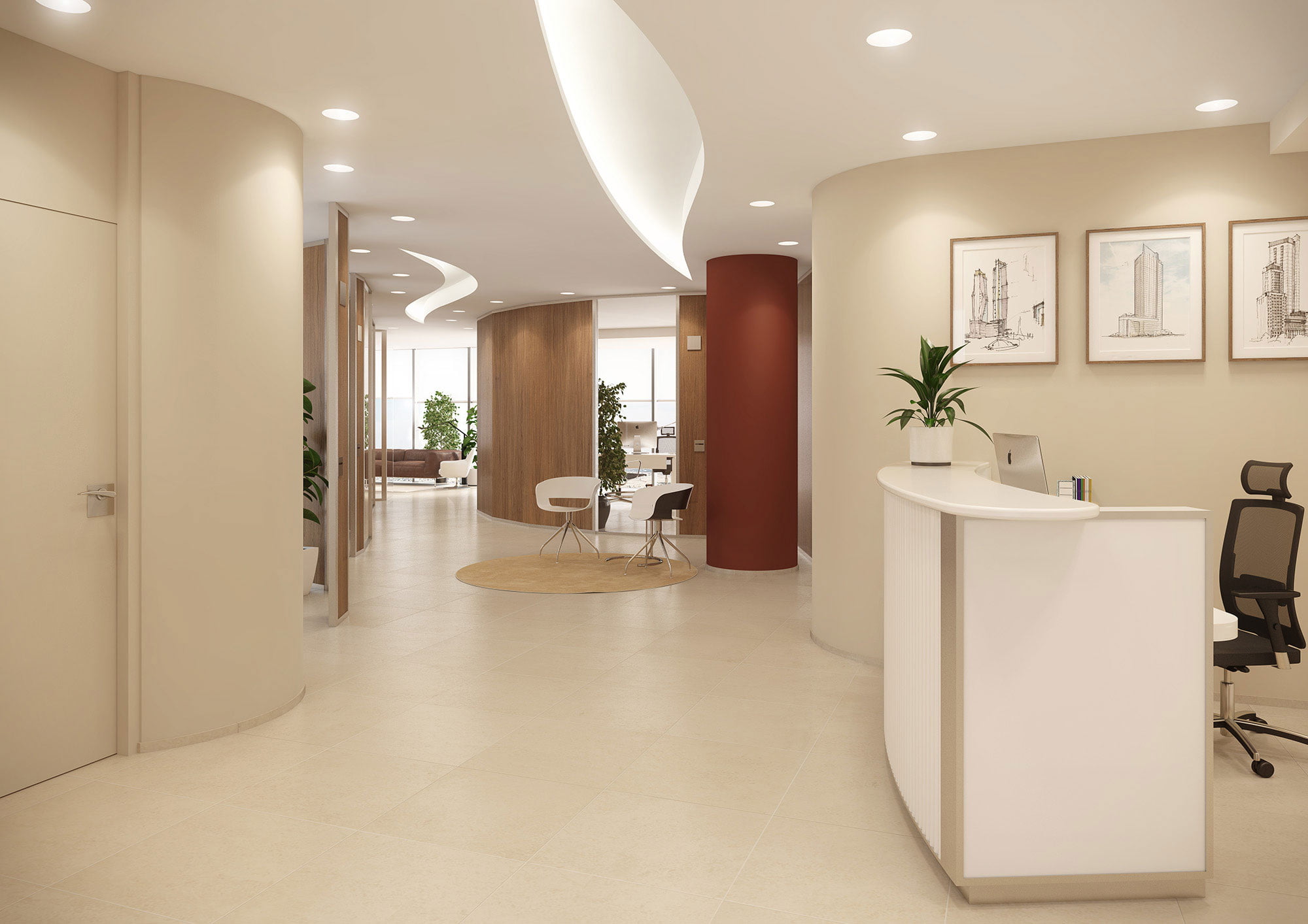 Render de la recepción del vestíbulo de oficinas con mostrador curvo y columna roja en Balmes, Barcelona