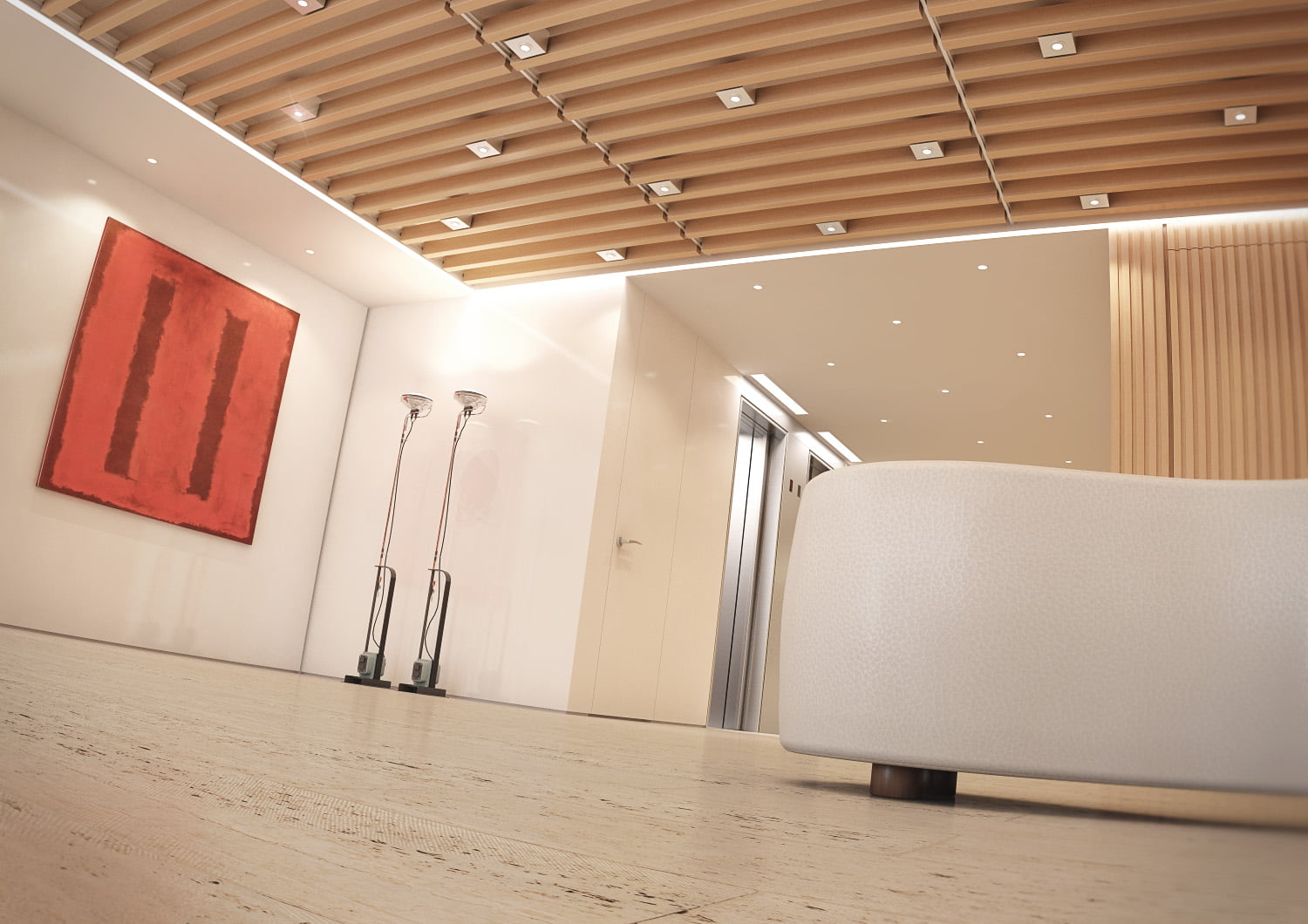 Vestíbulo de oficinas con obra de arte roja, iluminación de pie y techo de listones de madera