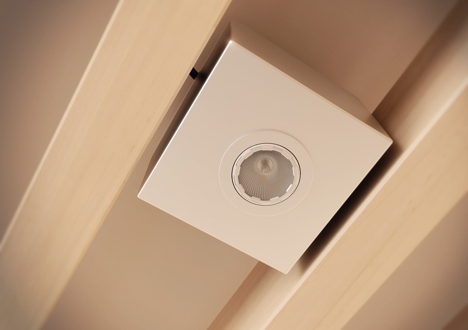 Detalle 3D de una luminaria empotrada cuadrada en el techo de madera