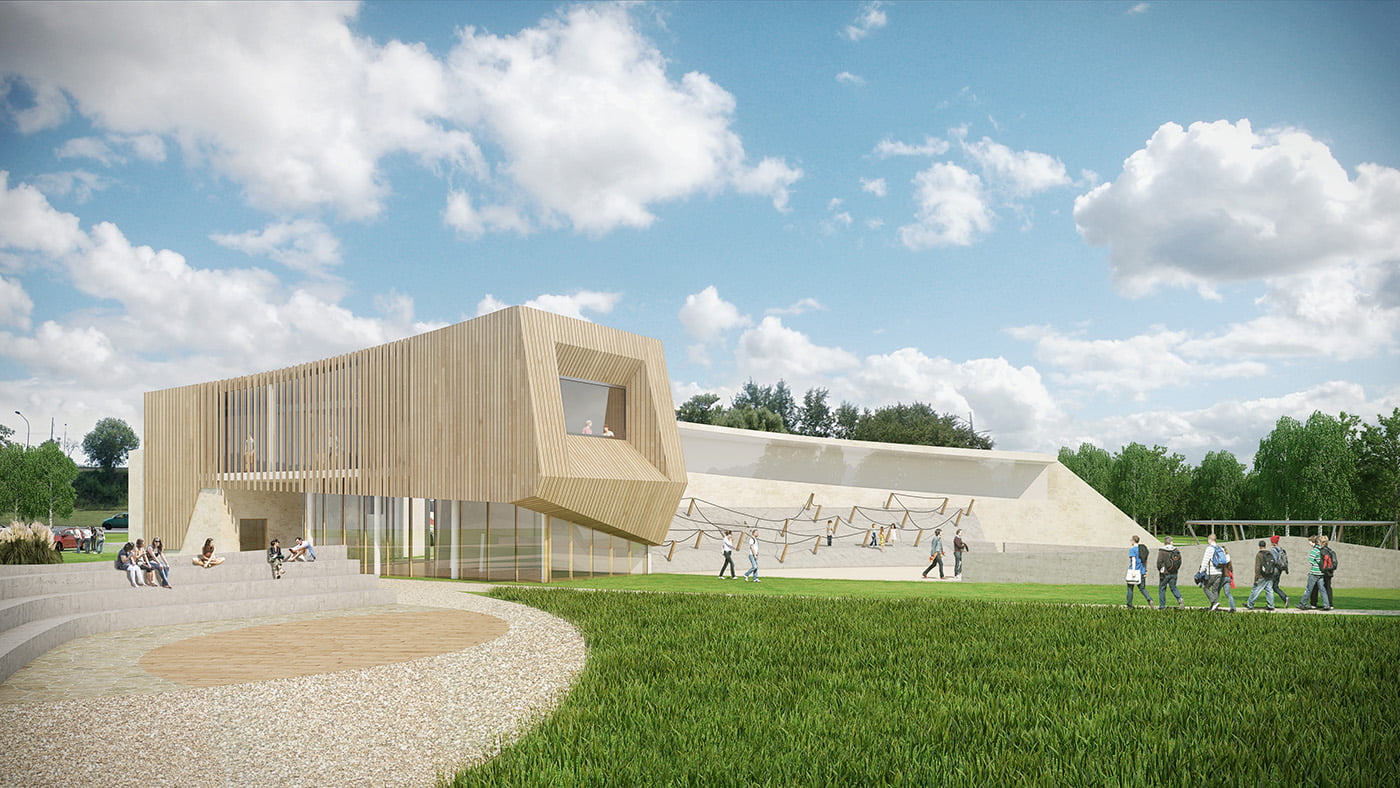 Render del pabellón de madera con voladizo escultórico y plaza de acceso del campus