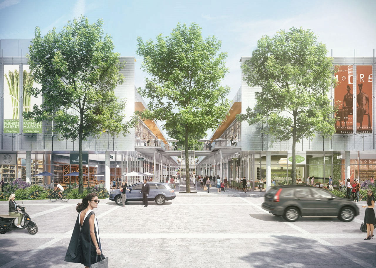 Render de la fachada de mallas metálicas del centro comercial de Renzo Piano en San Francisco