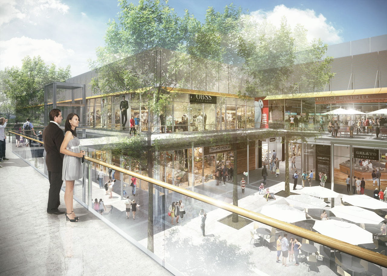 Render de la pasarela superior acristalada del City Center con tiendas y terrazas al fondo