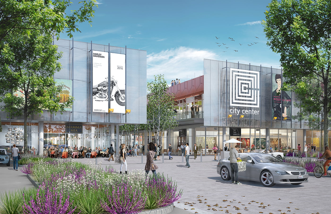 Render de la plaza de acceso al City Center con jardín de flores y coche aparcado