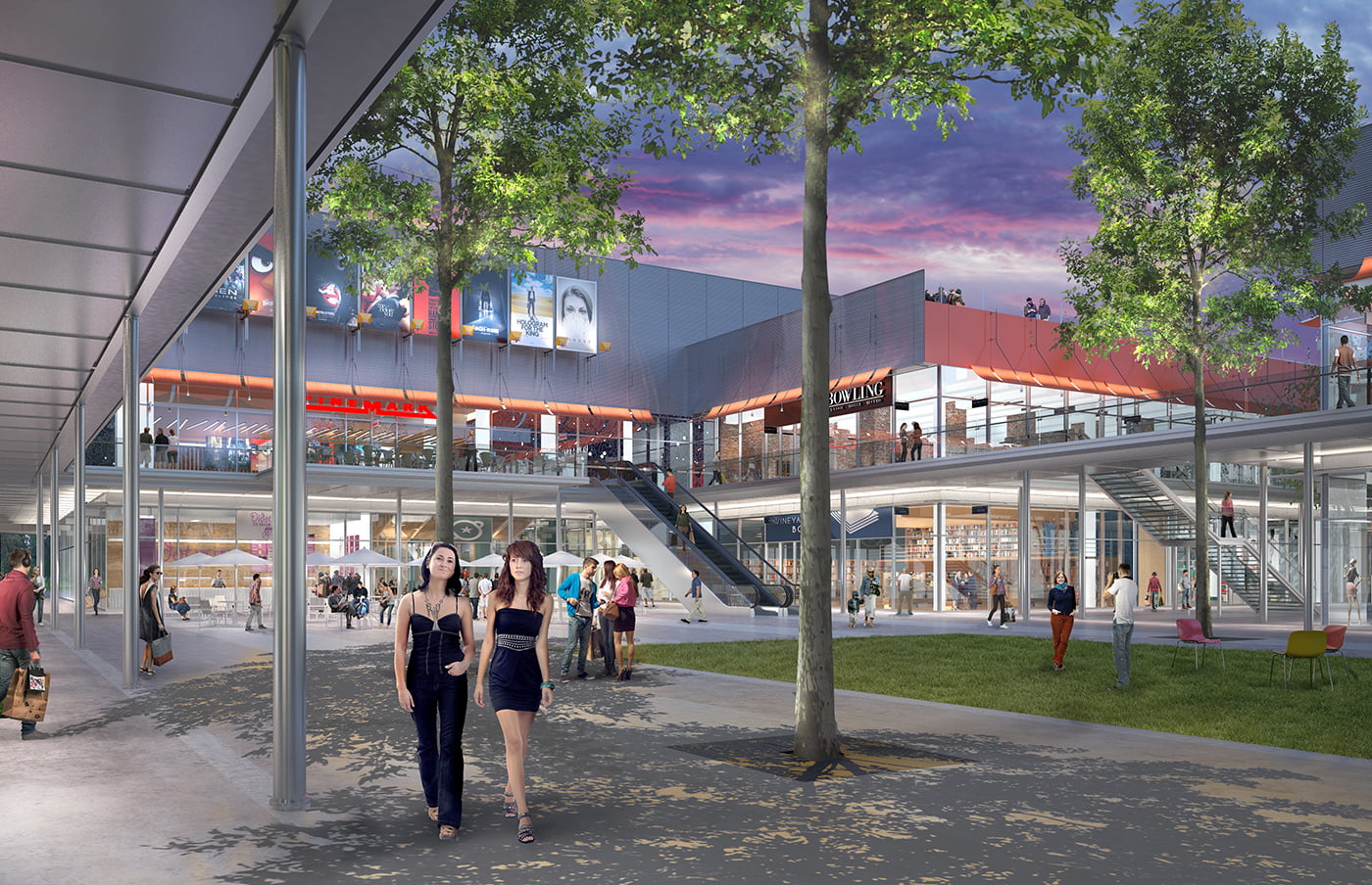 Infografía 3D de la plaza al atardecer con cines, bolera y escaleras mecánicas iluminadas