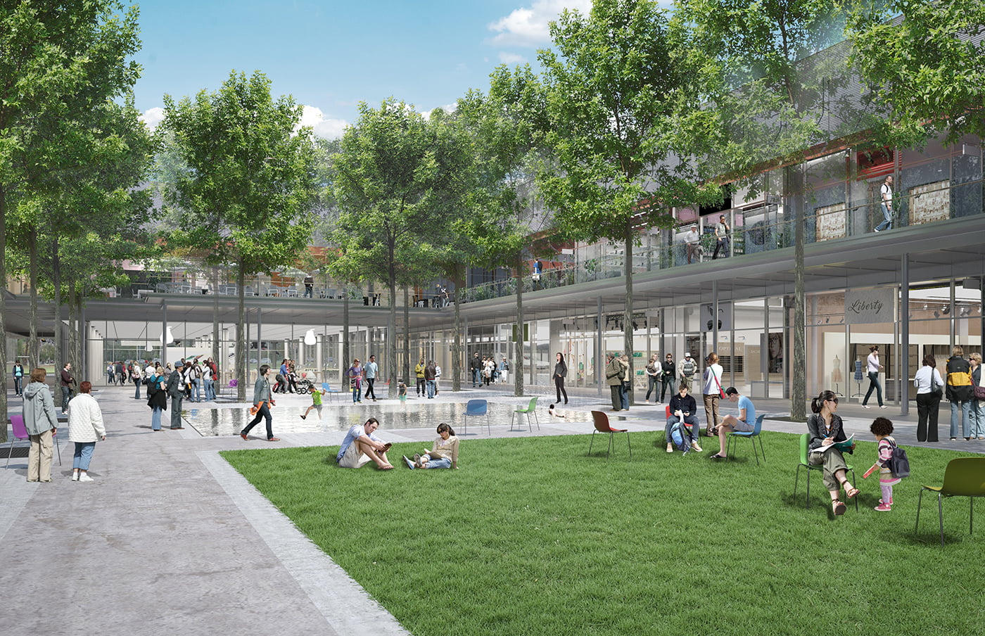 Infografía del patio ajardinado del City Center con césped, lámina de agua y arbolado
