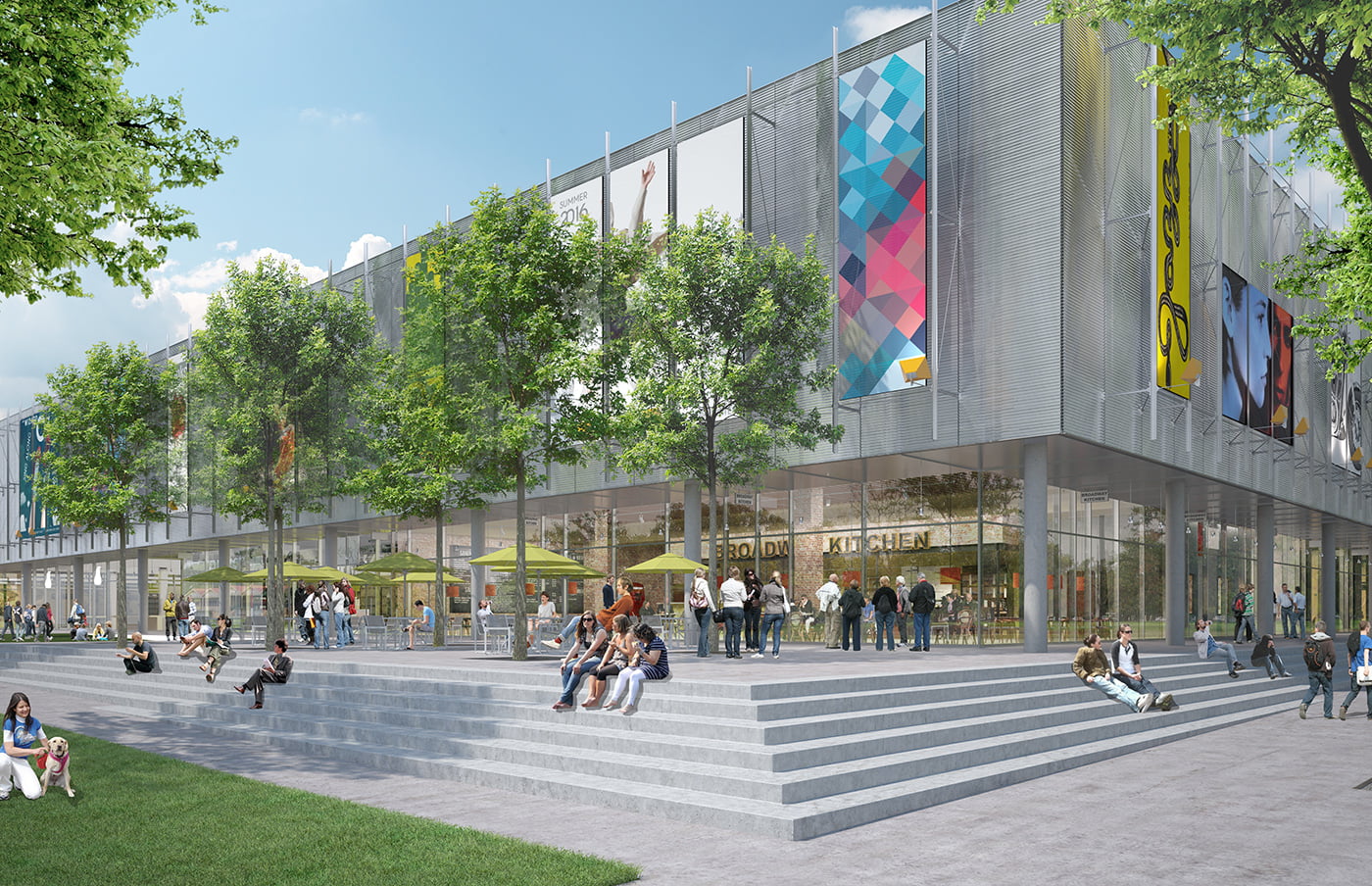 Render de la fachada de acceso con escalinata, restaurante Broadway Kitchen y publicidad vertical