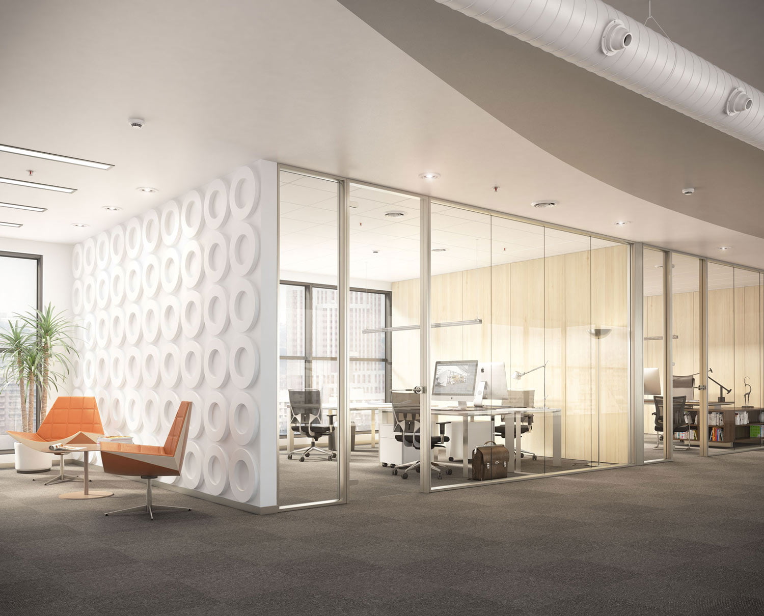 Render de mampara divisoria de vidrio en oficina con despachos acristalados y pared decorativa de círculos