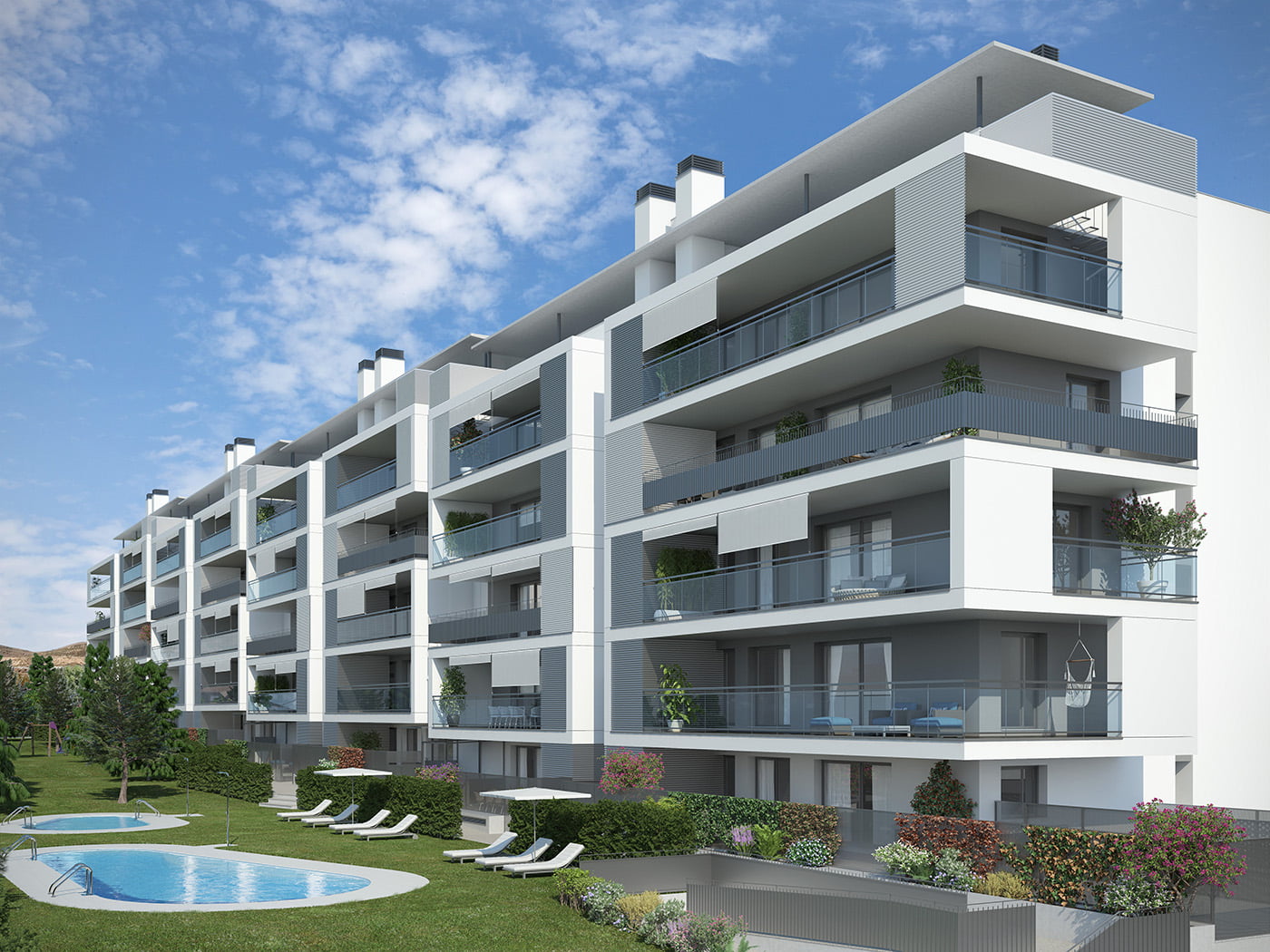 Render del edificio con piscinas comunitarias, jardín ajardinado y tumbonas