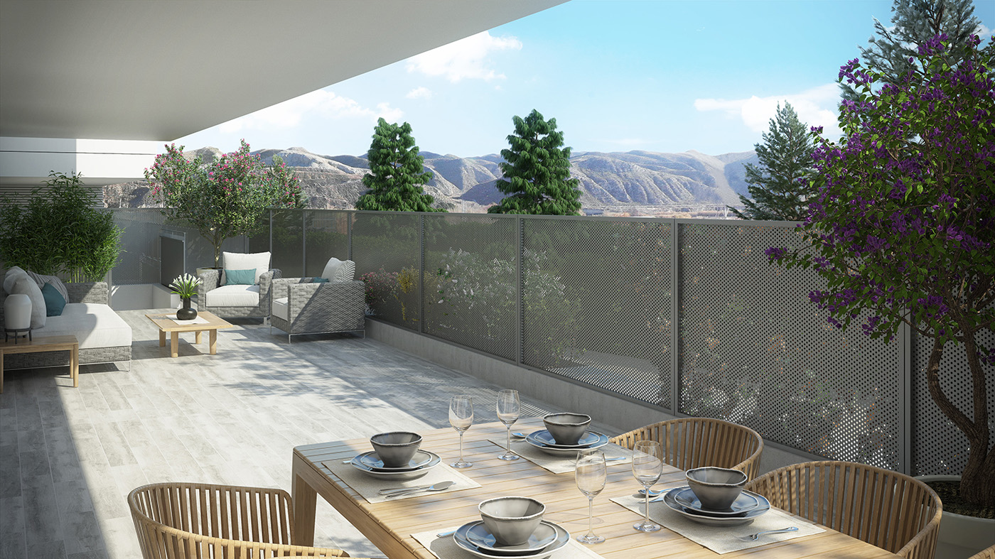 Infografía de ático con jardín privado, pérgola, solárium de césped y vistas al valle