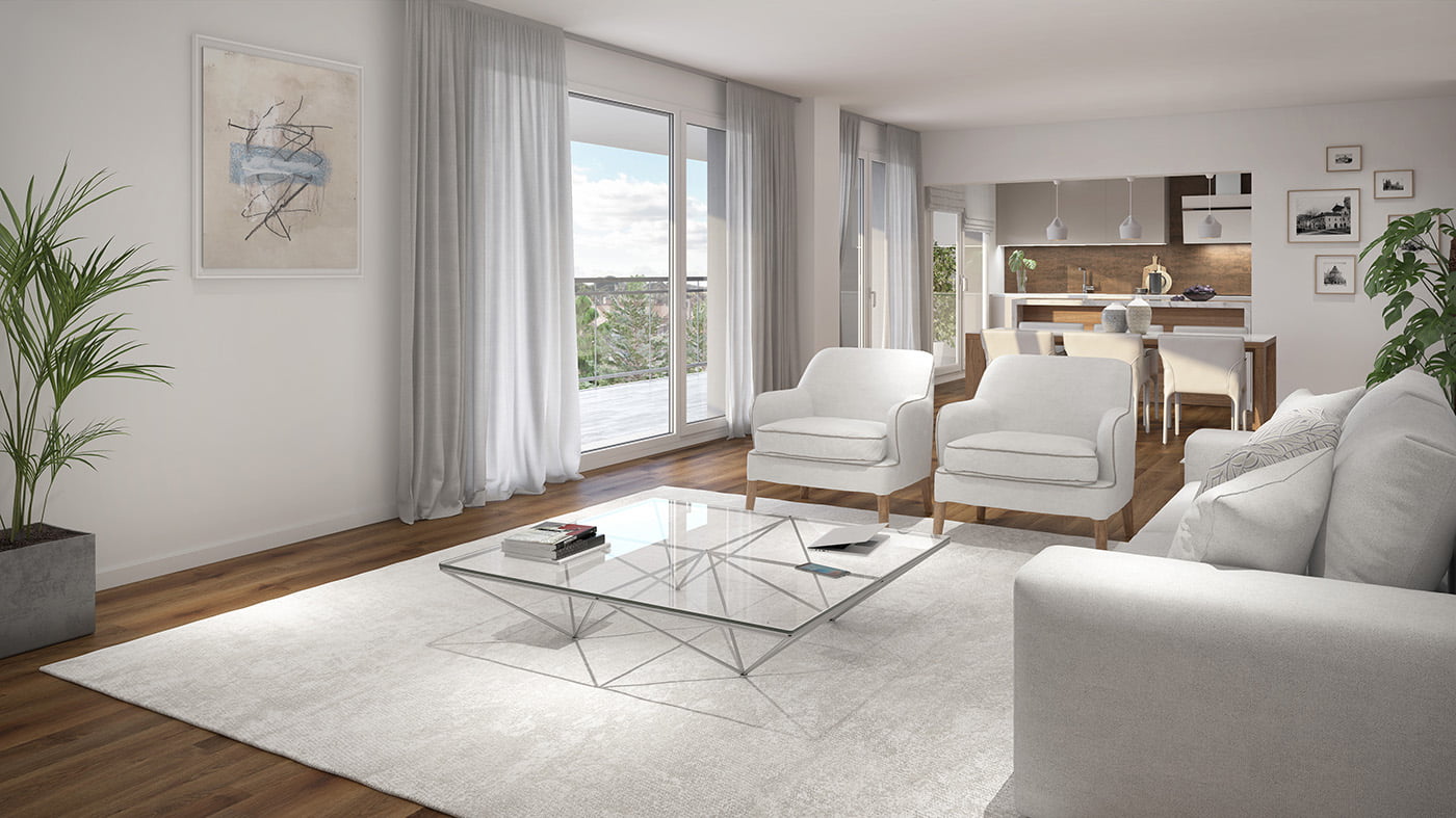 Render del salón comedor de una vivienda con mesa de centro de vidrio y cocina abierta al fondo