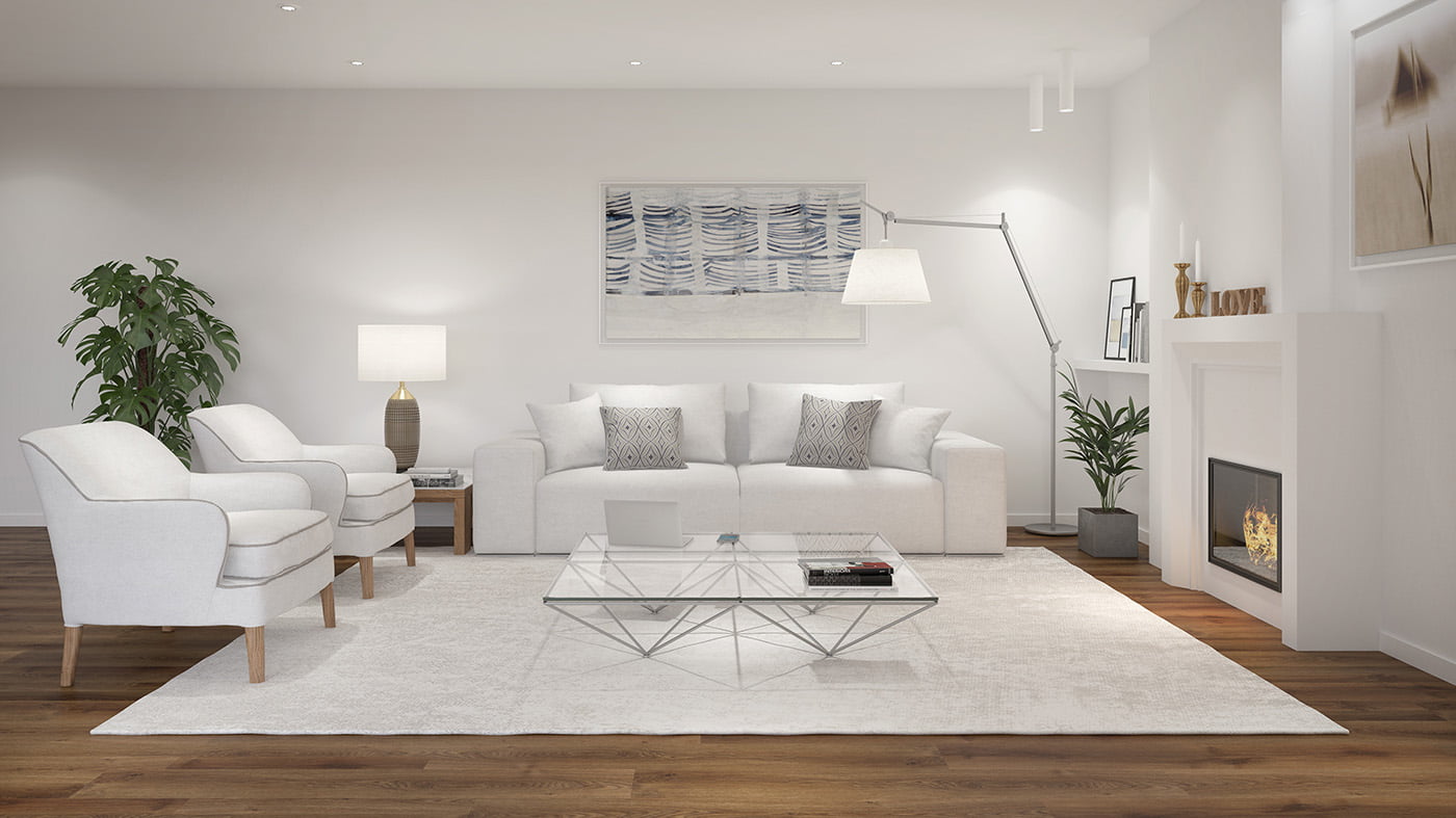 Infografía del salón en blanco con sofá, chimenea y lámpara de pie articulada