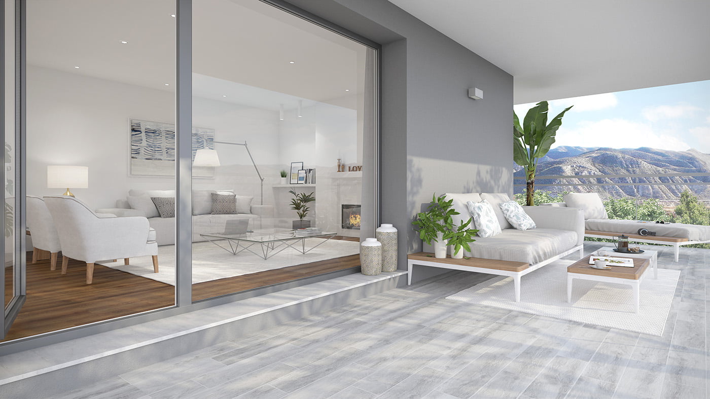 Render de terraza cubierta con chill-out y salón acristalado con vistas a la sierra
