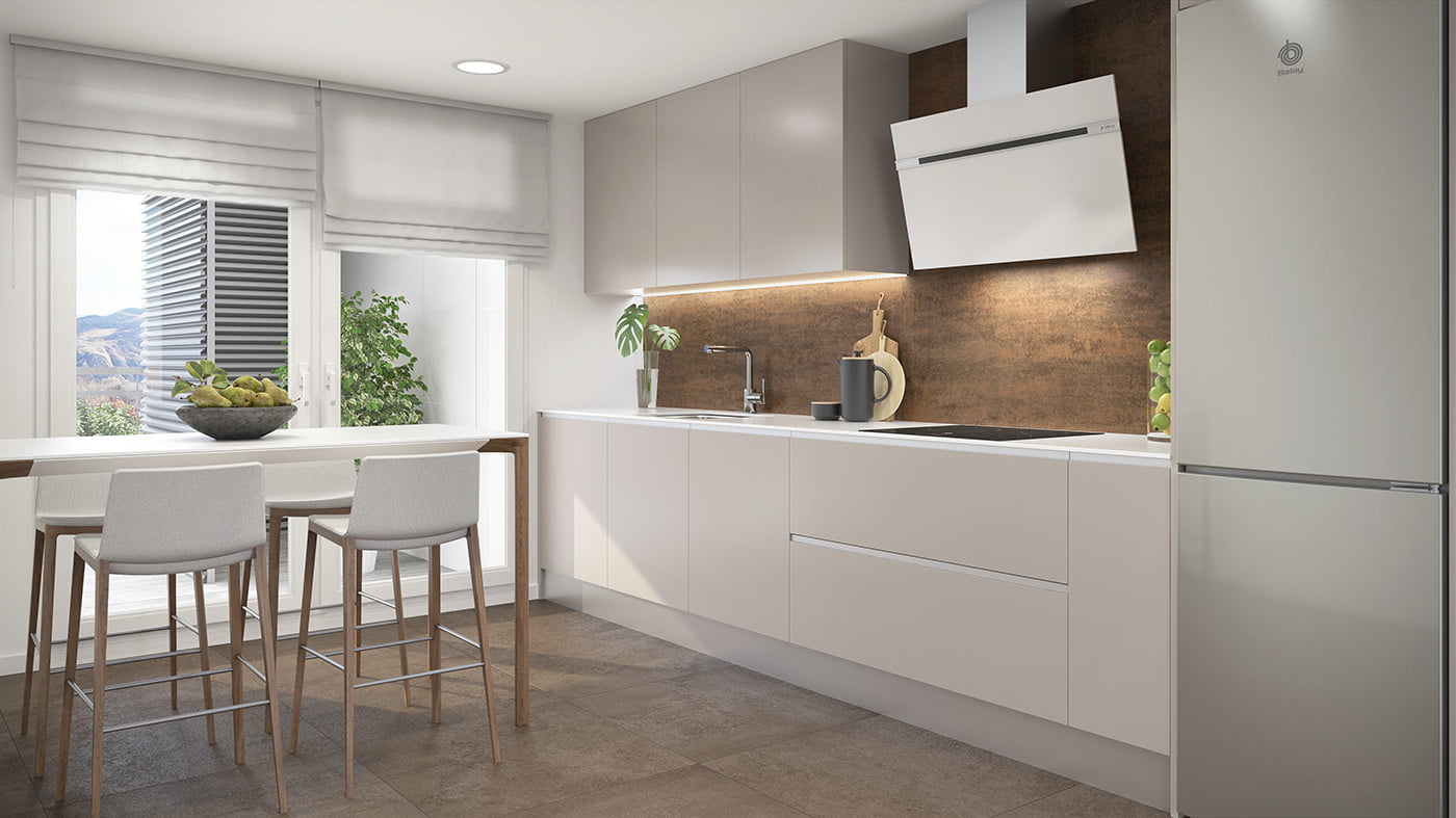Render de la cocina blanca con barra de desayuno, taburetes y frontal de textura óxido