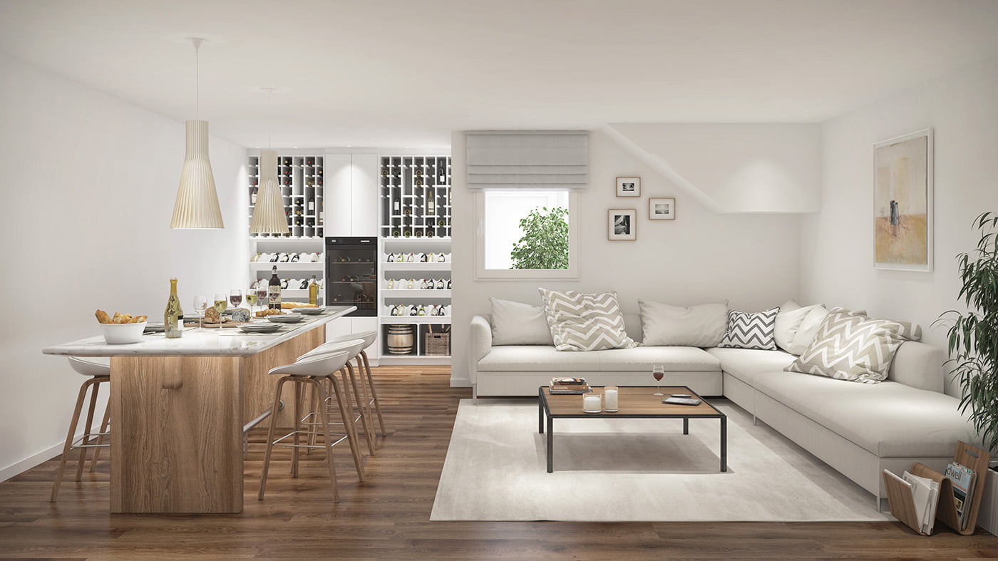 Infografía de salón-cocina abierto con isla de madera, sofá en L y vinoteca al fondo