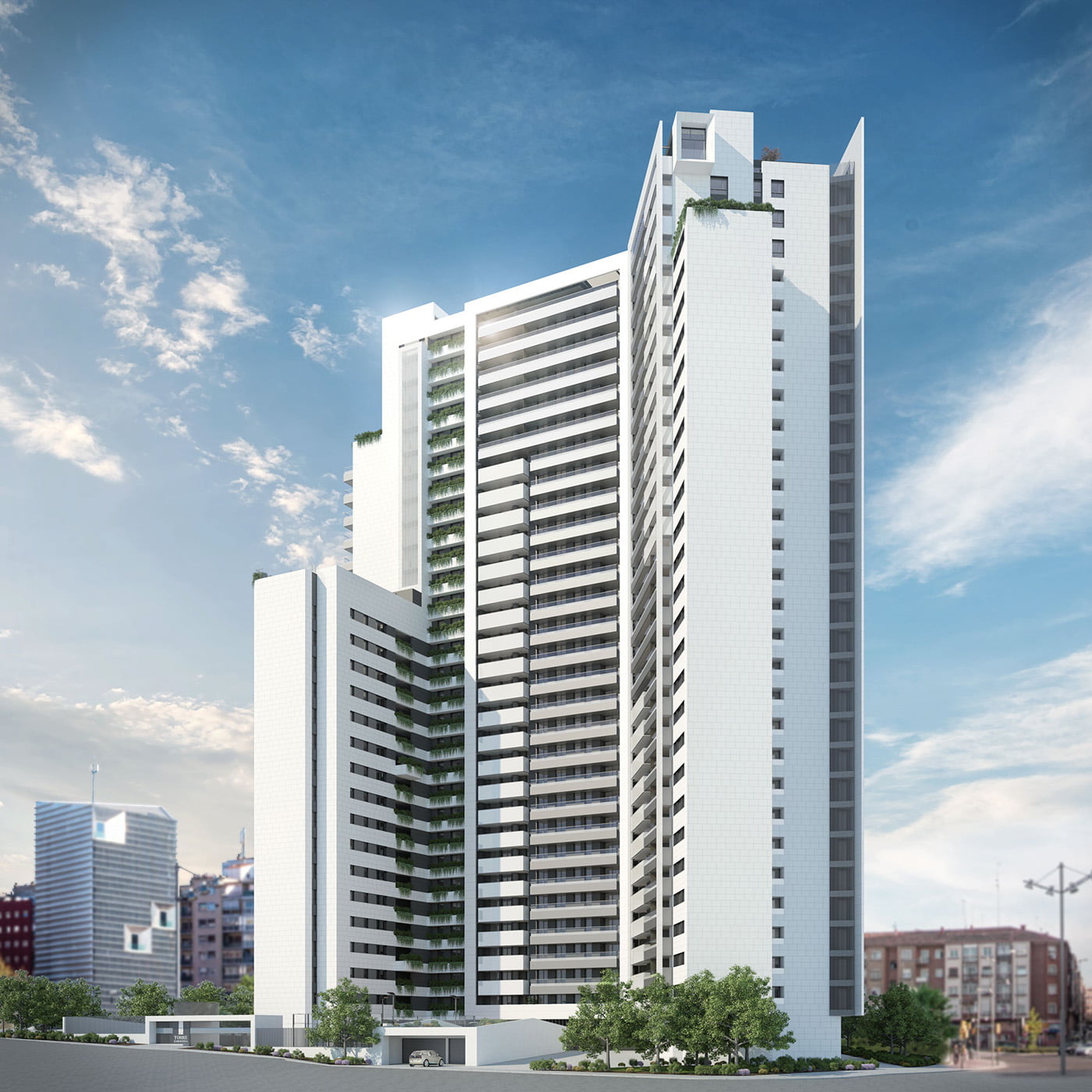 Infografía frontal de las torres blancas de viviendas con el skyline de Zaragoza