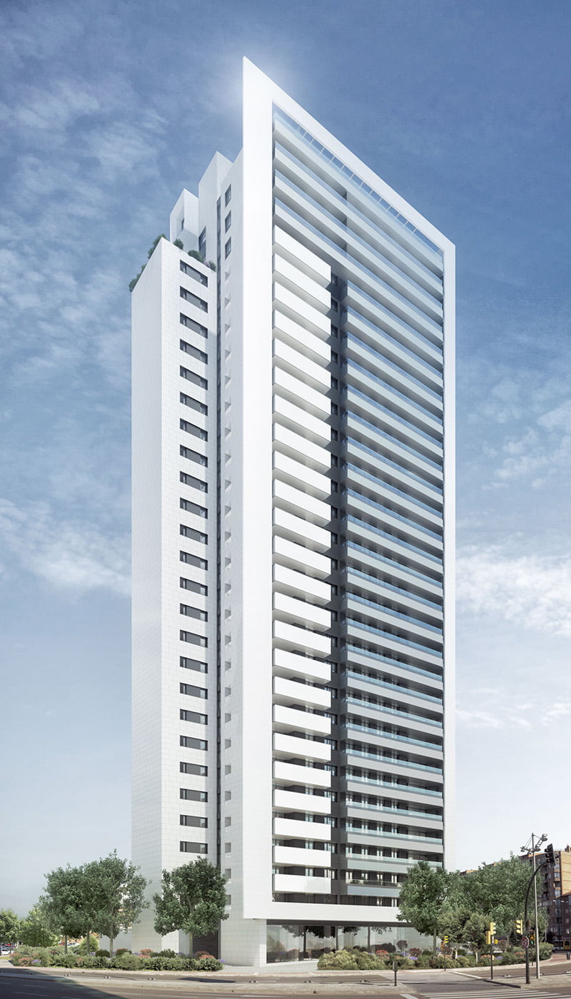Render del portal de acceso de Torre Zaragoza con jardineras de flores colgantes