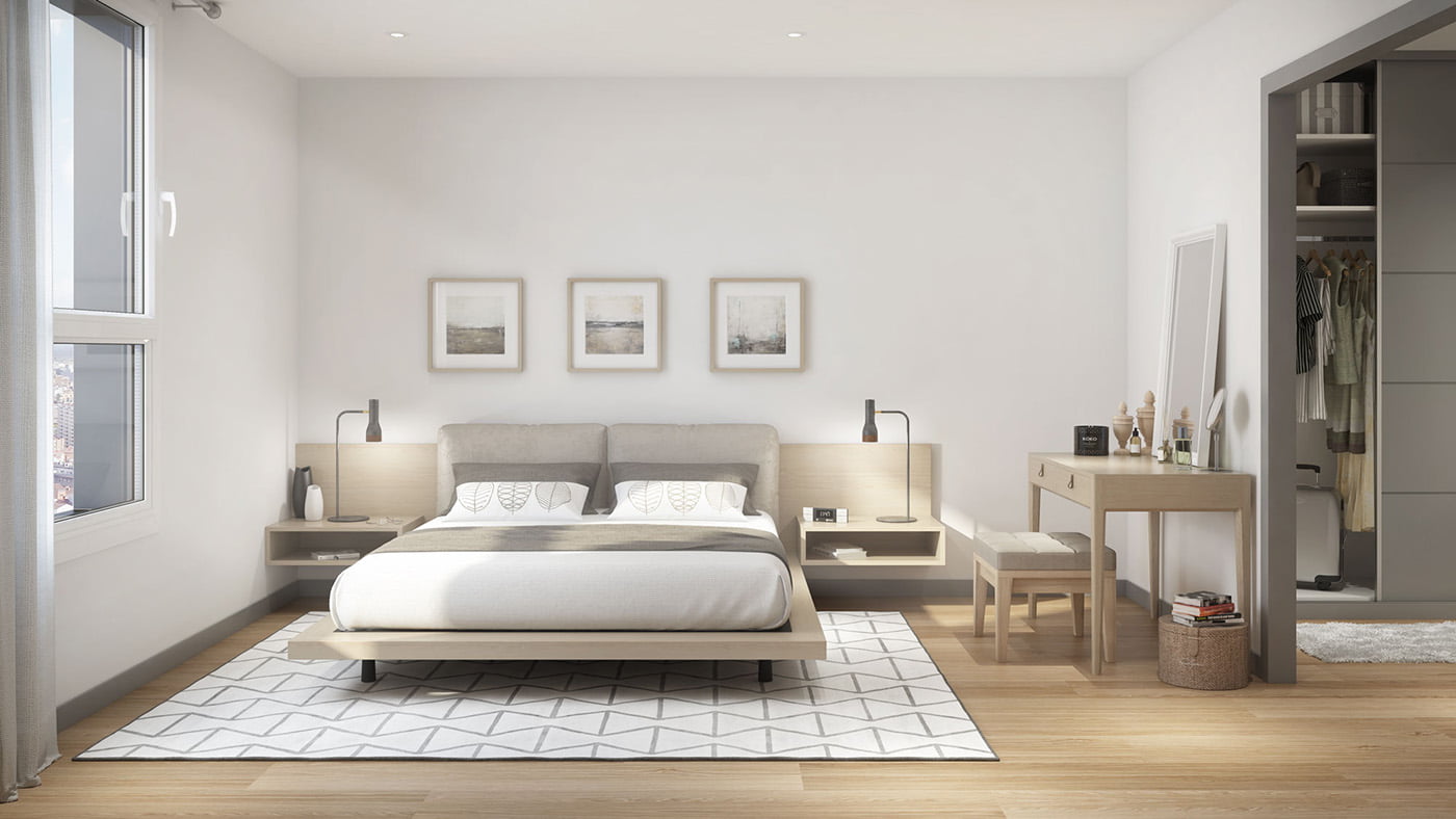 Infografía del dormitorio principal con tocador de madera y vestidor abierto