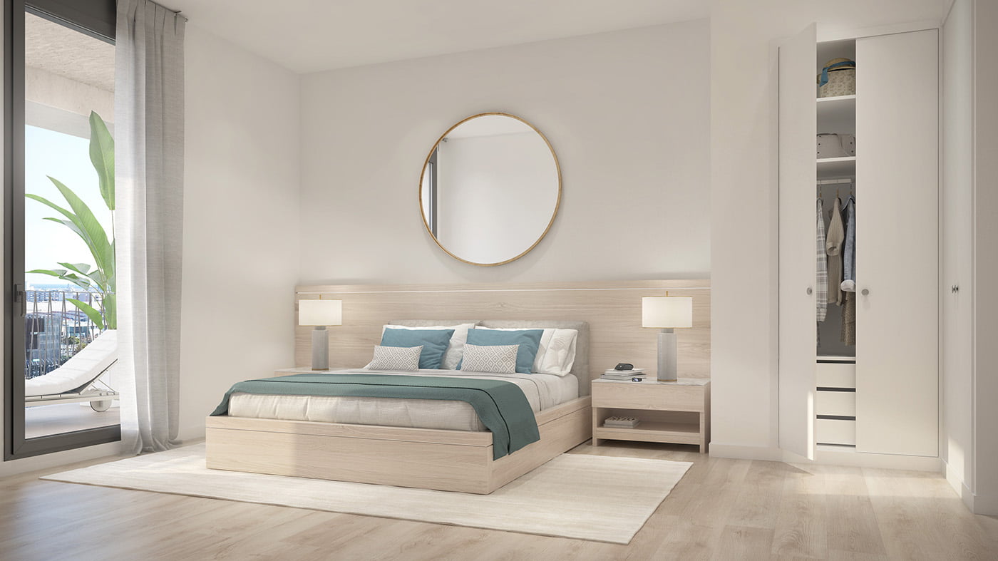 Infografía del dormitorio principal con espejo circular dorado, cabecero de madera y vestidor