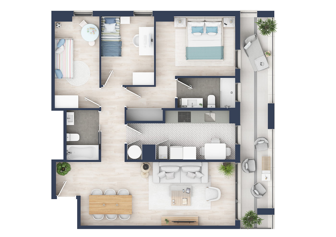 Planta 3D de vivienda de tres dormitorios con dos baños y terraza corrida