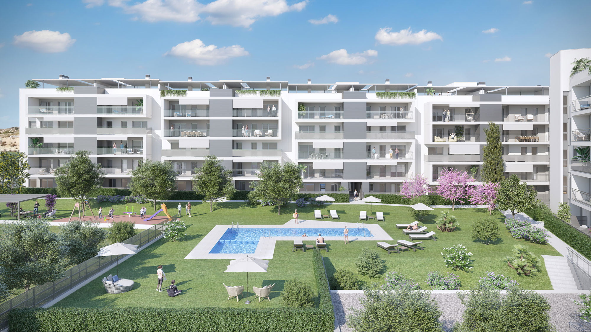 Render del patio interior de Monteverde con piscina, cerezos en flor y viviendas de fachada blanca