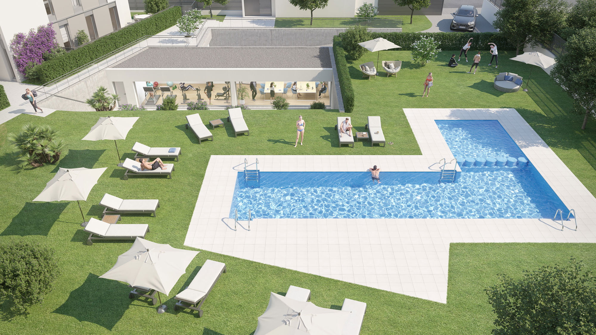 Infografía de la zona comunitaria con piscina y gimnasio acristalado con vistas al jardín