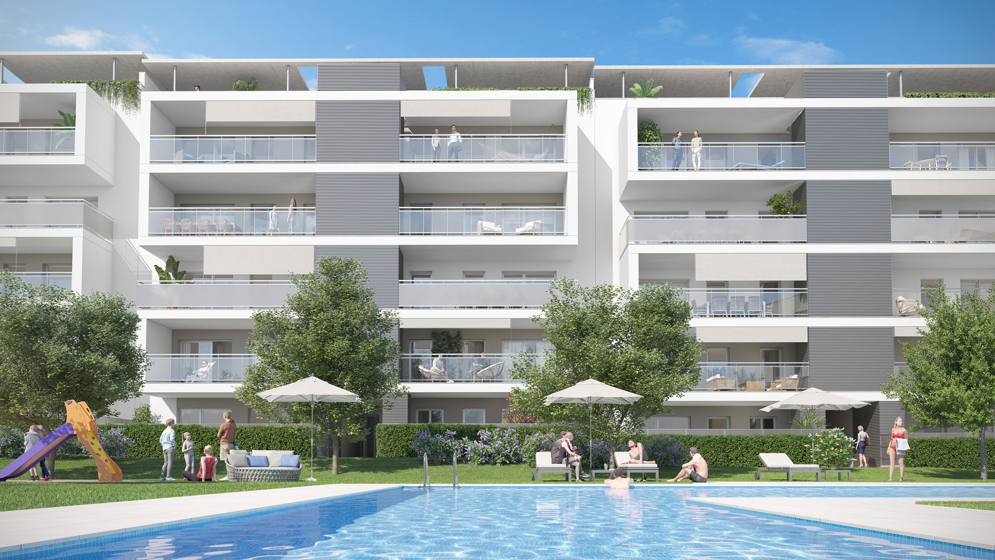 Render de la piscina comunitaria a pie de fachada con terrazas, arbolado y zona de juegos infantiles