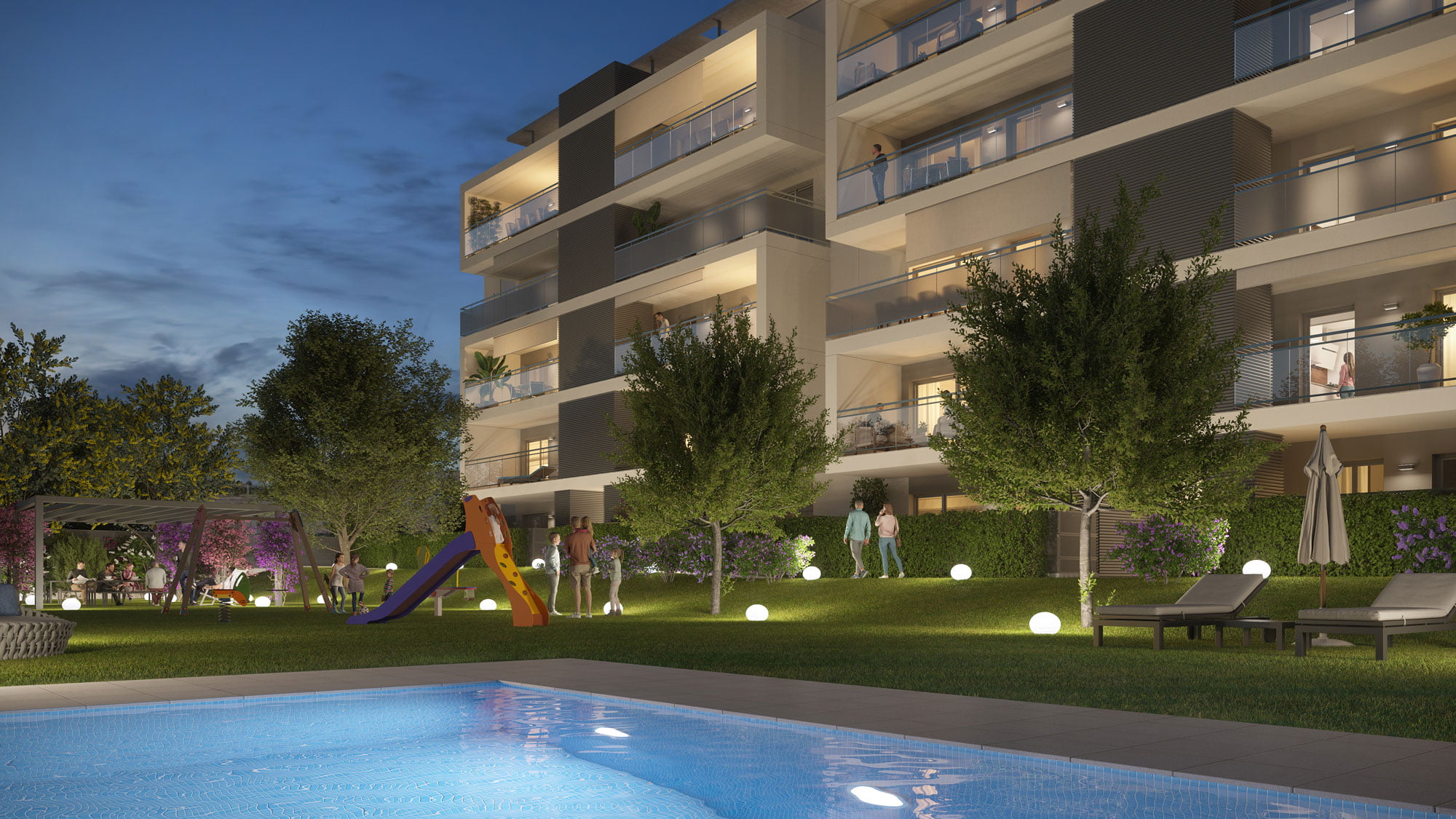 Infografía nocturna del jardín iluminado con piscina, parque infantil y balizas led