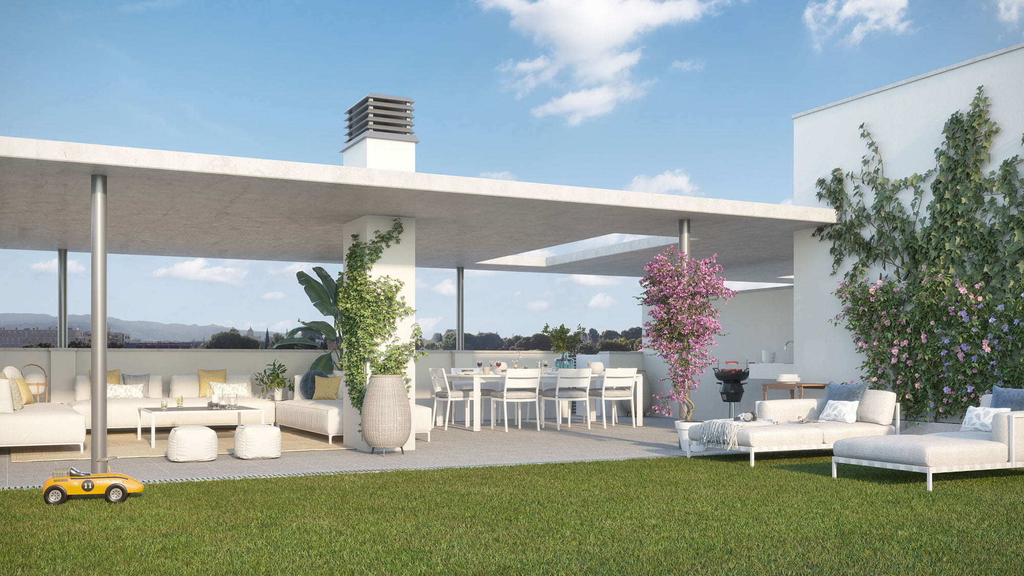 Render de terraza de ático con pérgola, zona de comedor, barbacoa y buganvilla florida