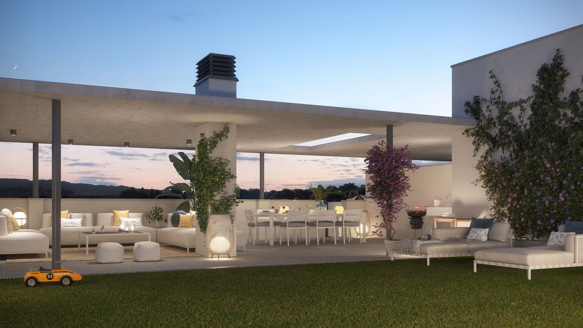 Infografía al atardecer de la terraza de ático con chill-out iluminado y vistas a la sierra