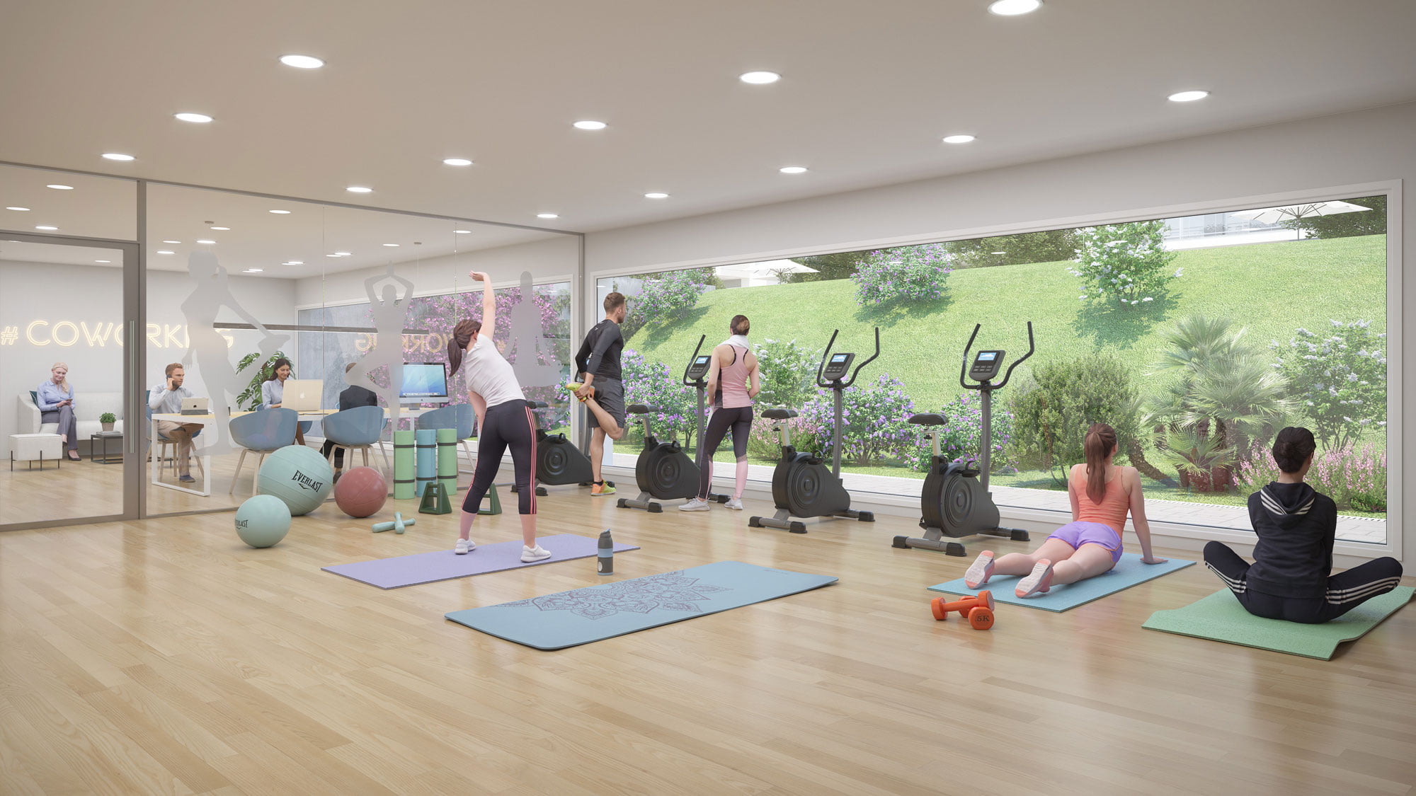 Render del gimnasio y coworking comunitario con bicicletas estáticas y esterillas de yoga
