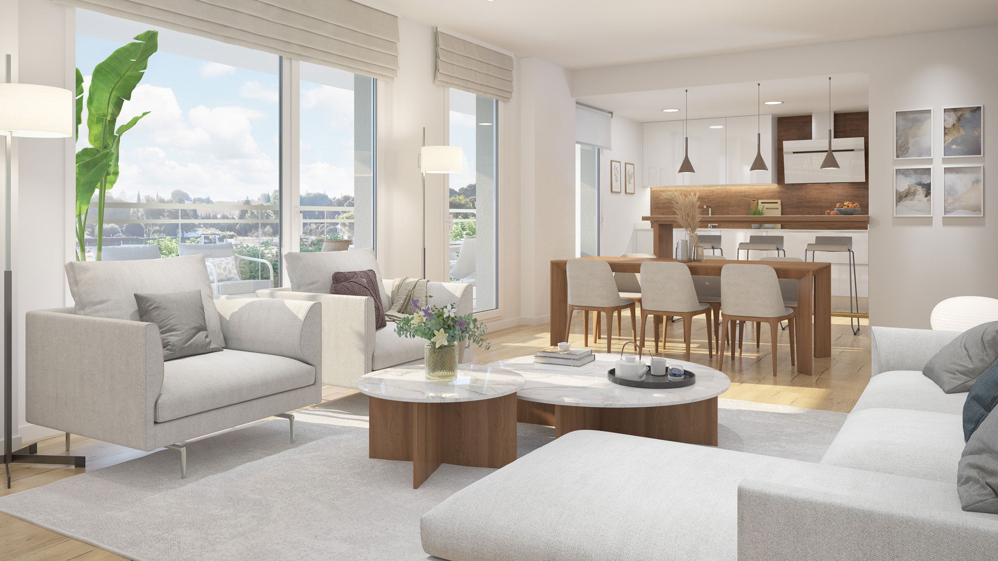 Infografía del salón comedor con cocina abierta de office, mesas de mármol y vistas al jardín