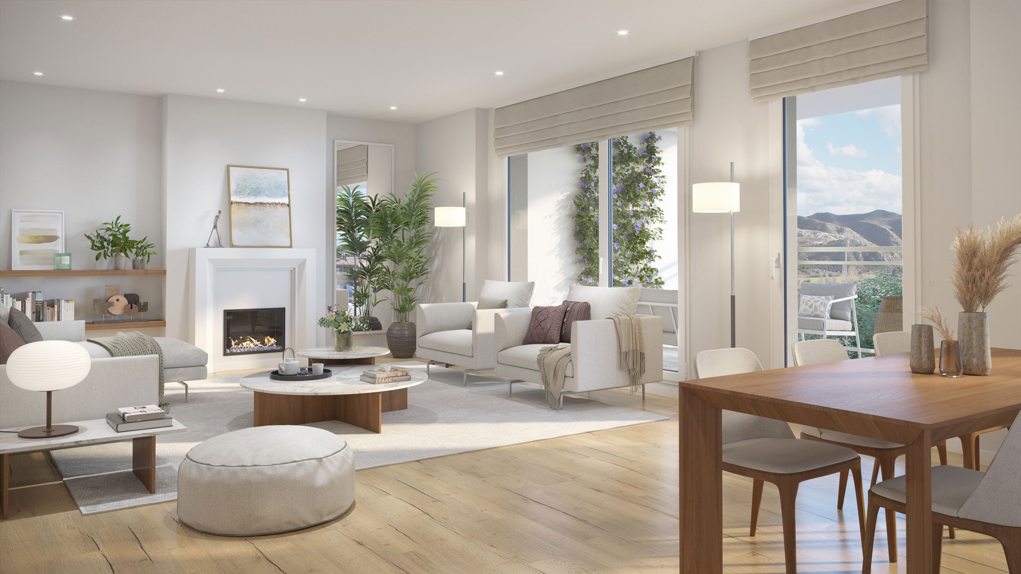 Render del salón con chimenea, comedor de madera y ventanales con vistas a la montaña