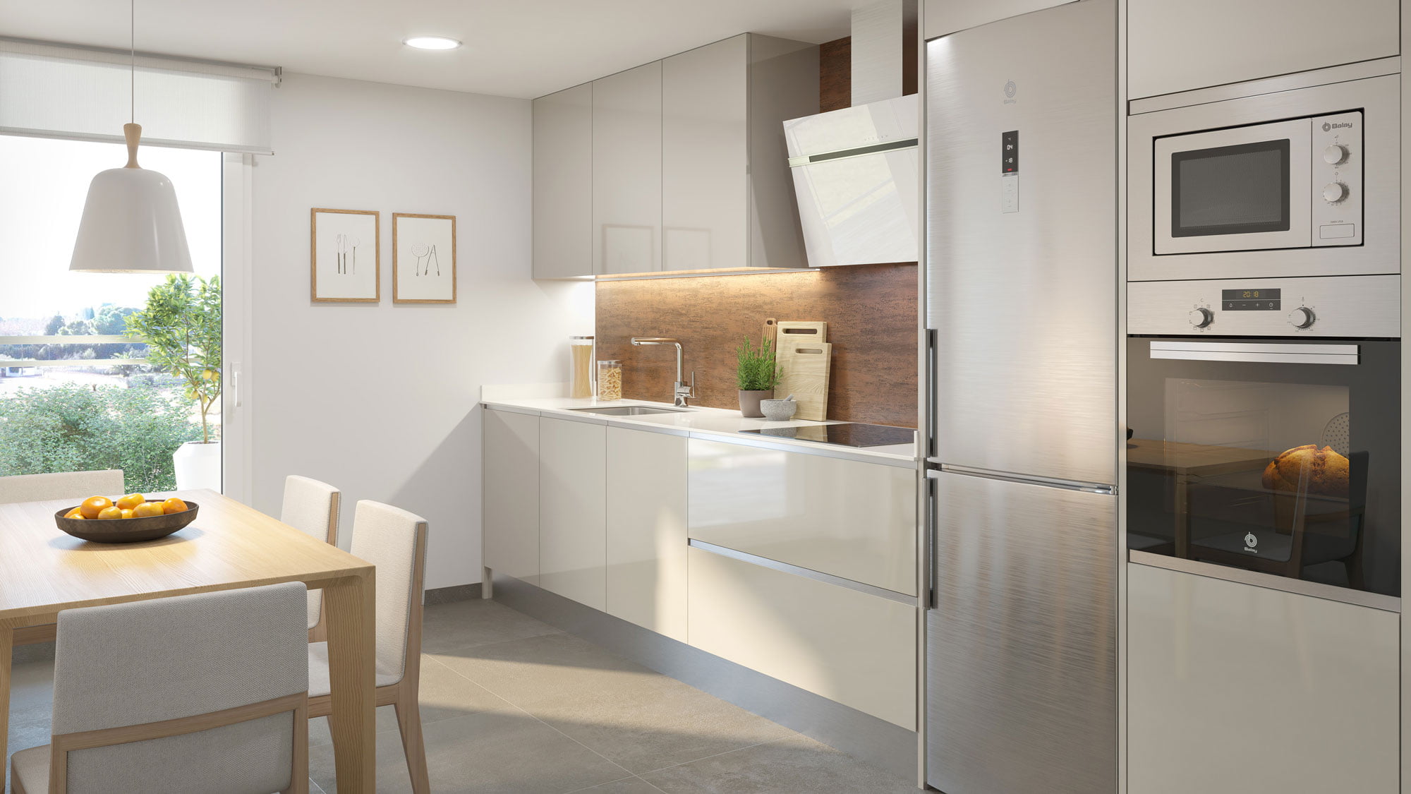 Infografía de cocina en tono beige con frontal de textura óxido, office y electrodomésticos Balay