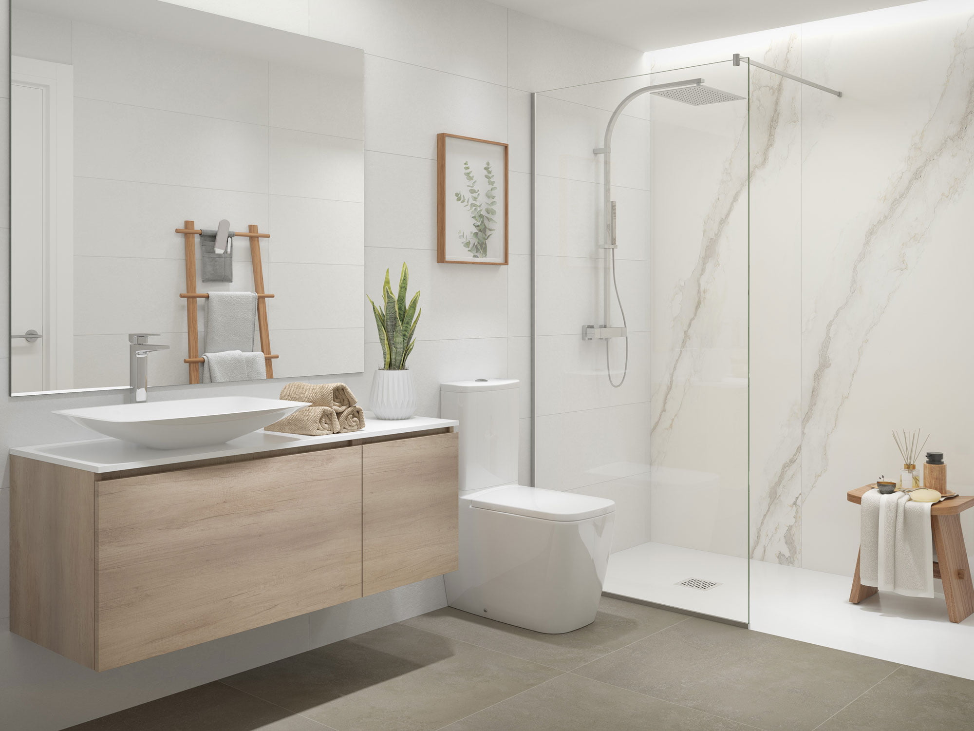 Render del baño con mueble de madera suspendido, lavabo sobre encimera y ducha de obra con mármol