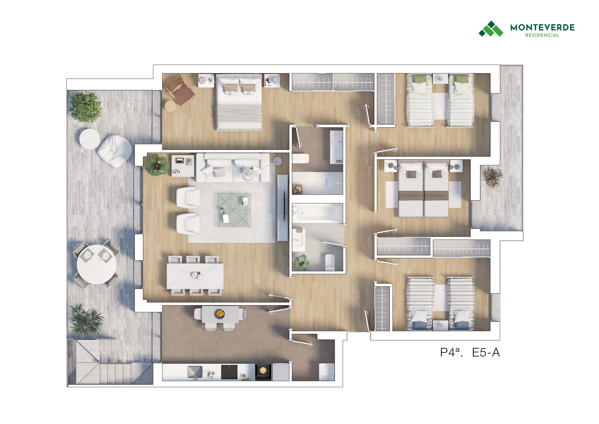 Planta 3D amueblada de vivienda de cuatro dormitorios de Monteverde con salón, cocina y terraza