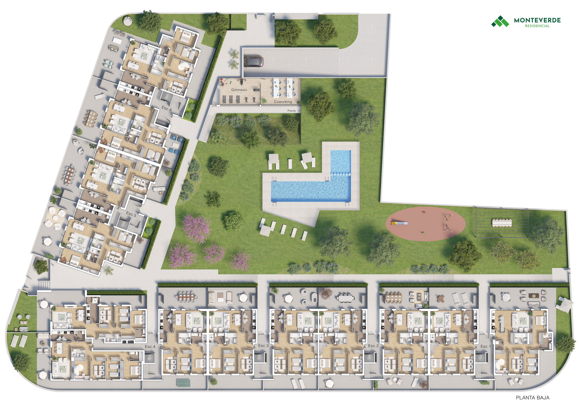 Planta 3D general del residencial Monteverde con piscina, gimnasio, coworking y jardín comunitario