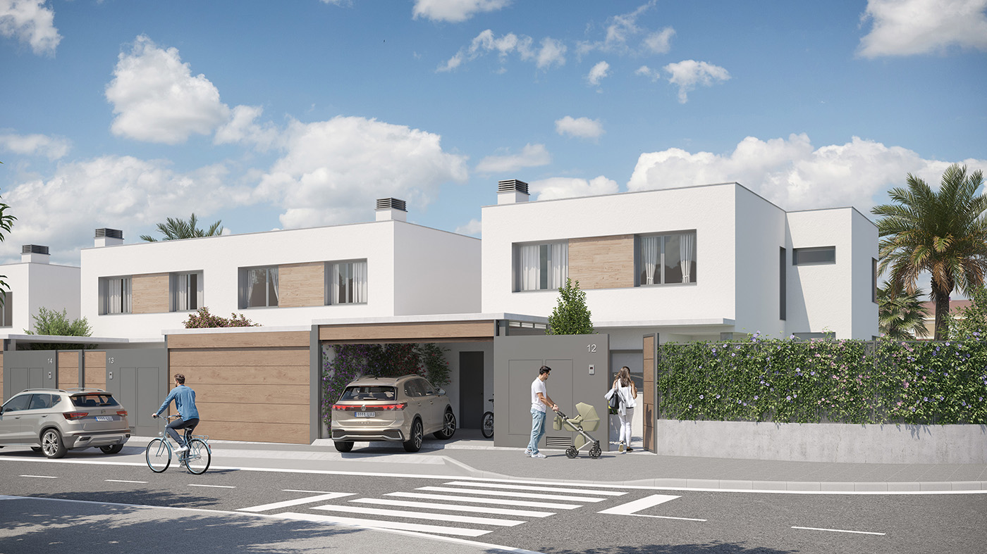 Render de la fachada a calle de las viviendas Juncal con garaje, seto verde y familia paseando
