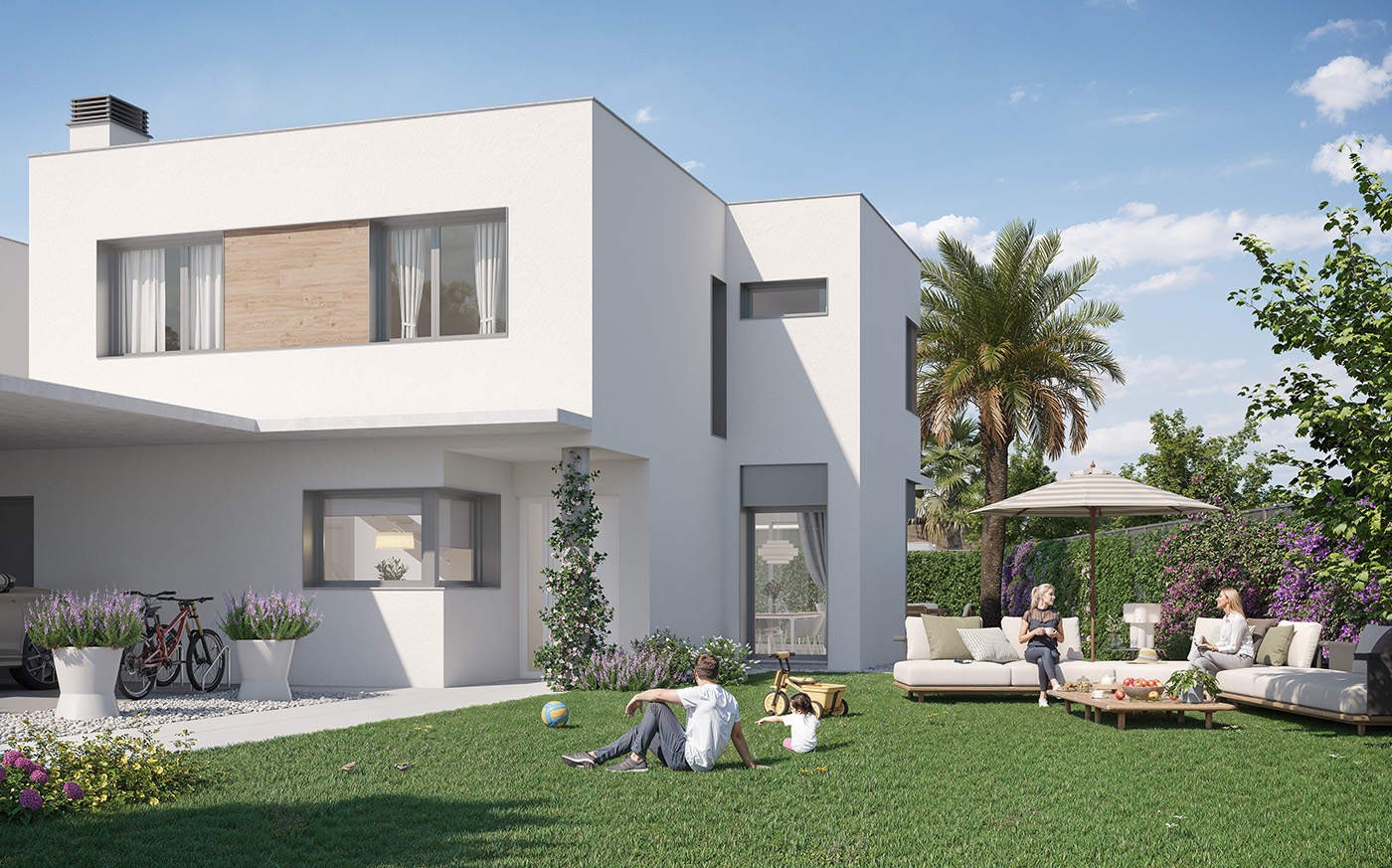 Infografía del jardín trasero de una vivienda Juncal con chill-out, palmera y familia sobre el césped