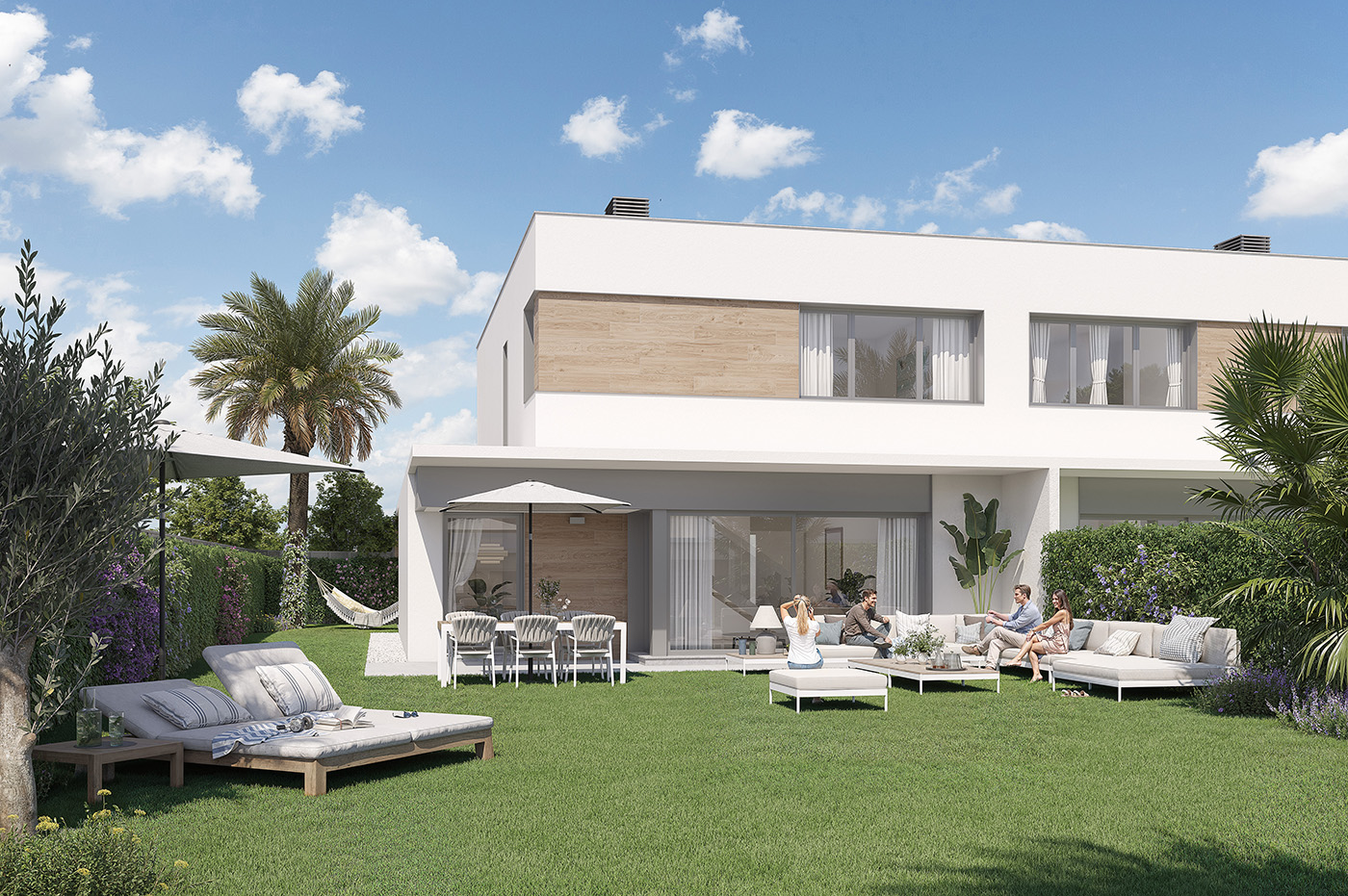 Render de la terraza porticada de la vivienda con comedor exterior, tumbonas y jardín privado