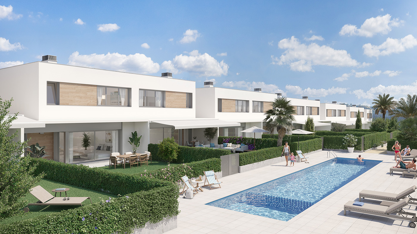 Render de la piscina comunitaria alargada entre las hileras de viviendas con setos y tumbonas