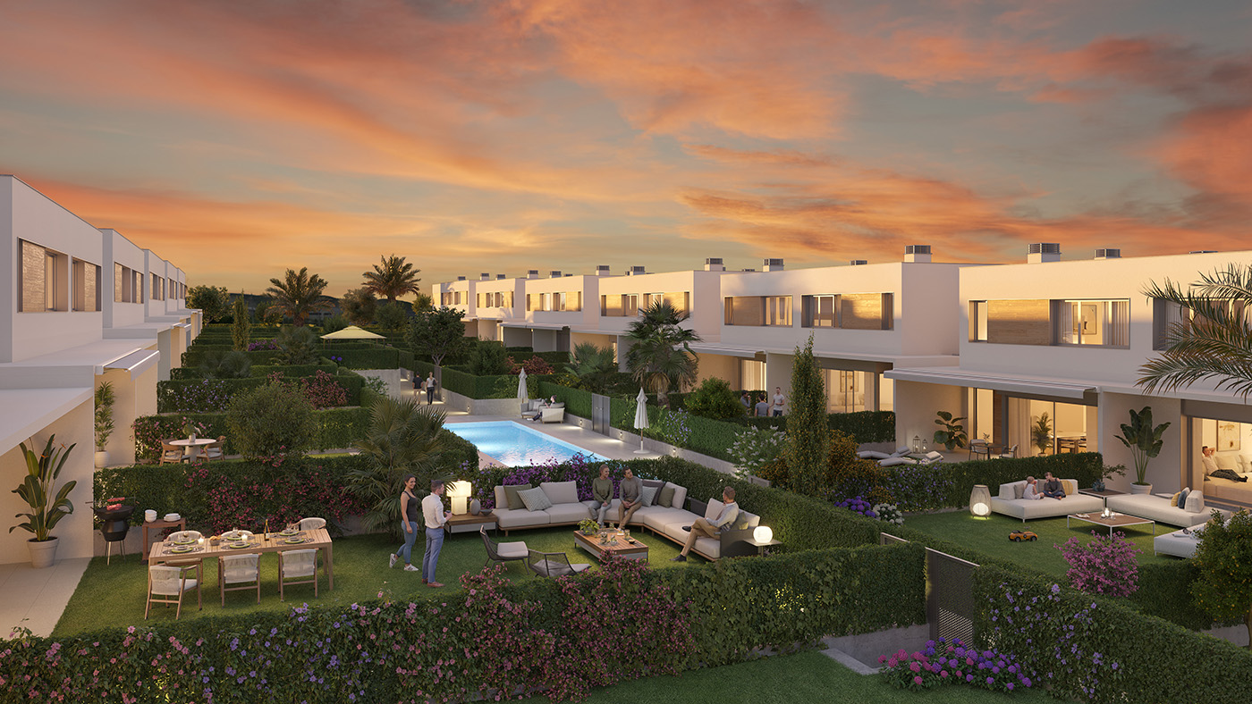 Infografía al atardecer del conjunto Juncal con jardines aterrazados, chill-out y piscina iluminada