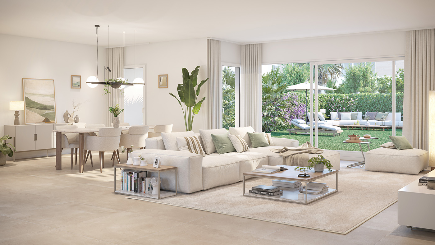 Render del salón comedor luminoso con sofá blanco y ventanales al jardín con chill-out