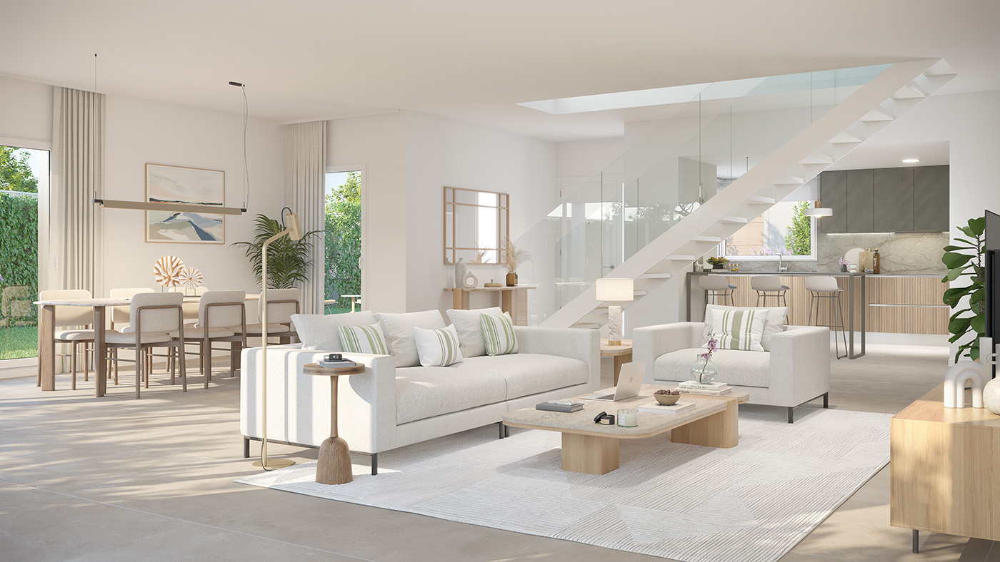 Infografía del salón dúplex con escalera de diseño y cocina abierta con barra al fondo
