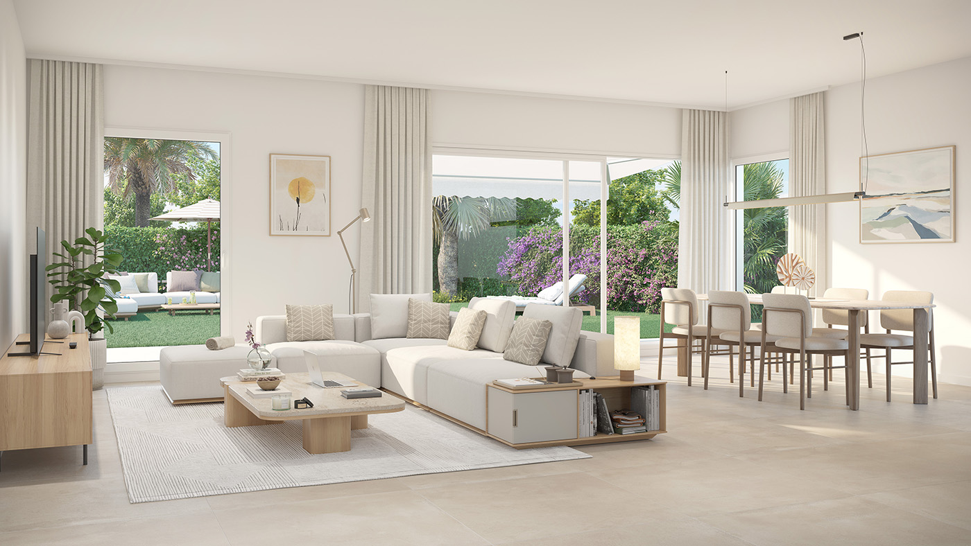 Render del salón comedor en tonos crema con salida al jardín y comedor junto al ventanal
