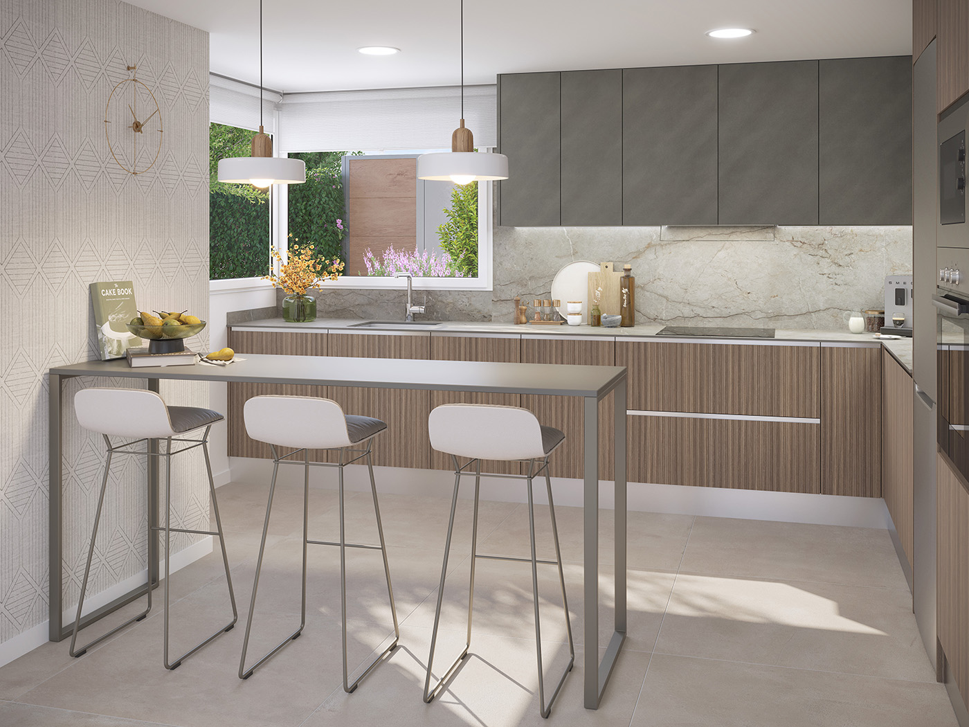 Infografía de cocina en madera y gris con barra de desayuno, taburetes y encimera de mármol