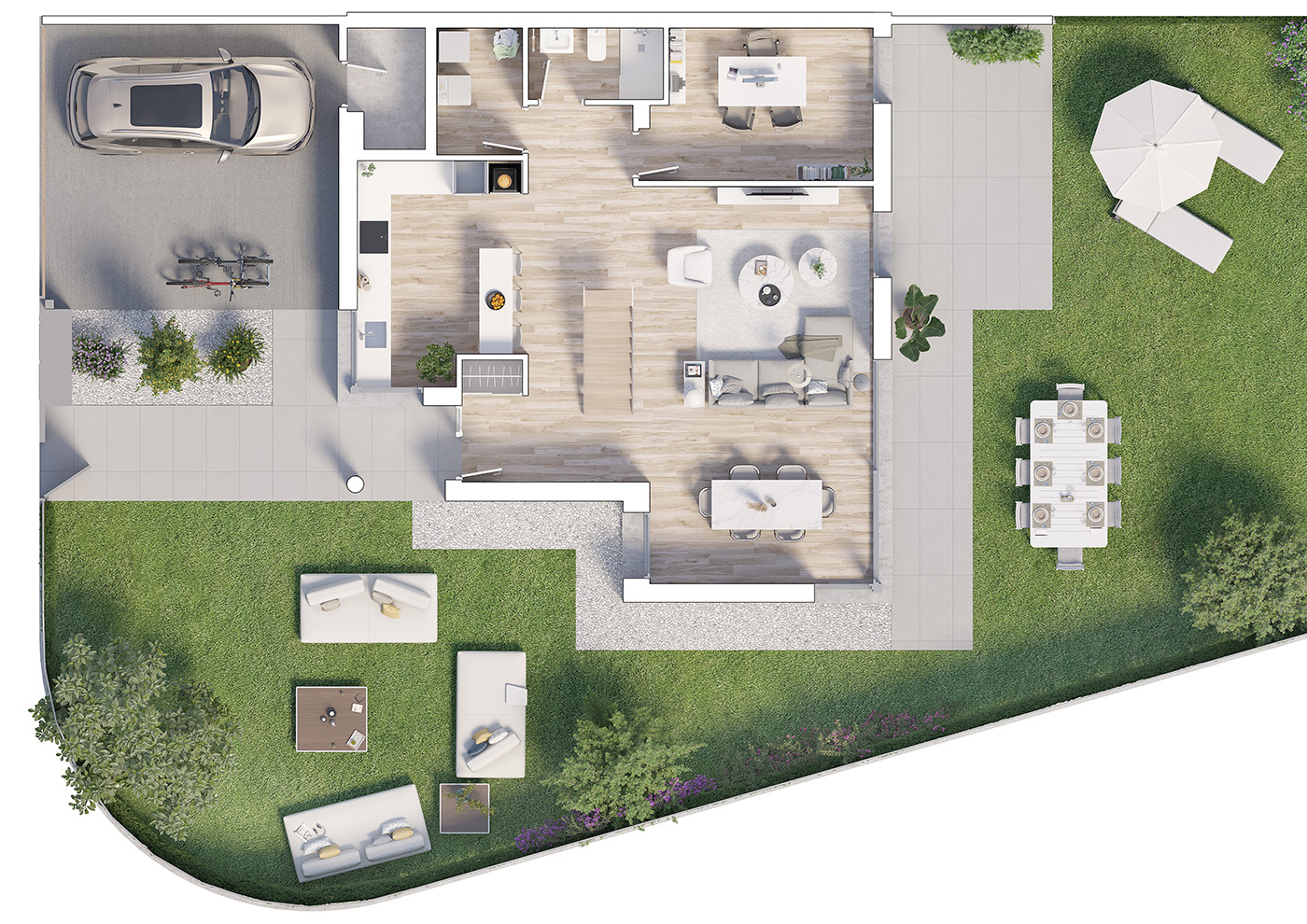 Planta 3D amueblada de una vivienda Juncal con salón, cocina, garaje y jardín privado