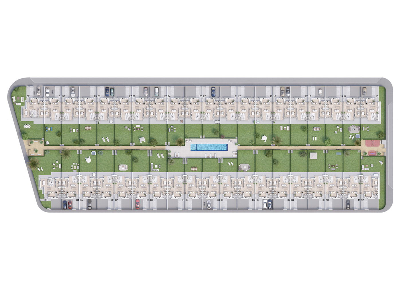 Planta 3D general del conjunto Juncal con las hileras de viviendas y la piscina comunitaria