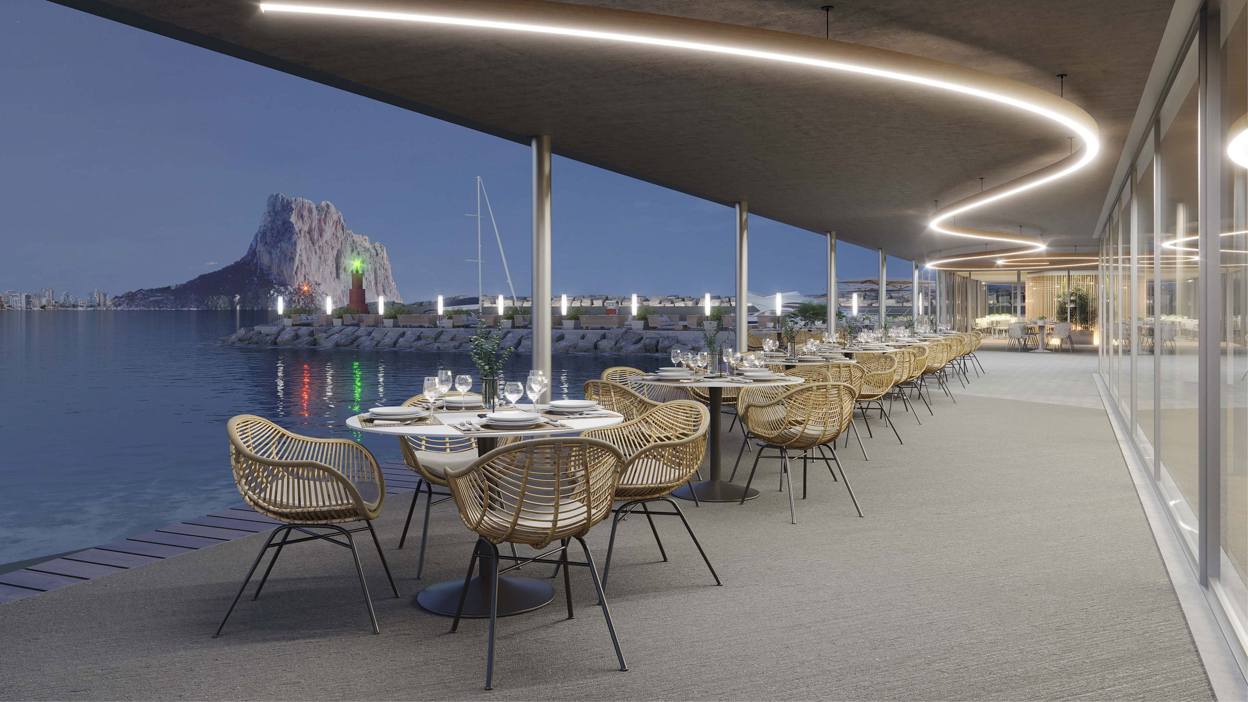 Render de la terraza del restaurante con sillas de ratán y vistas al Peñón de Ifach al anochecer