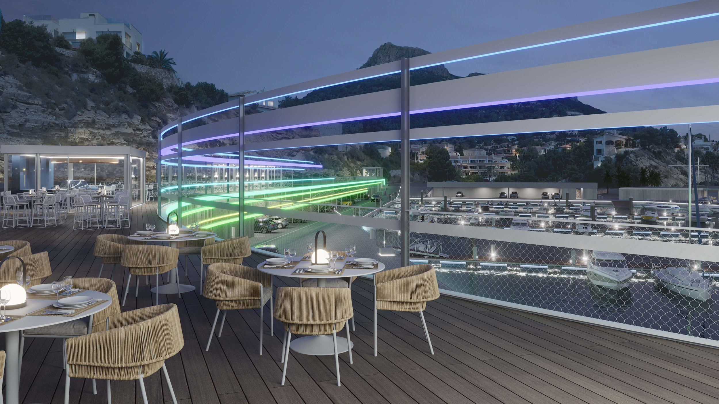 Infografía de la terraza sobre el aparcamiento con rampa de luz led y amarres iluminados