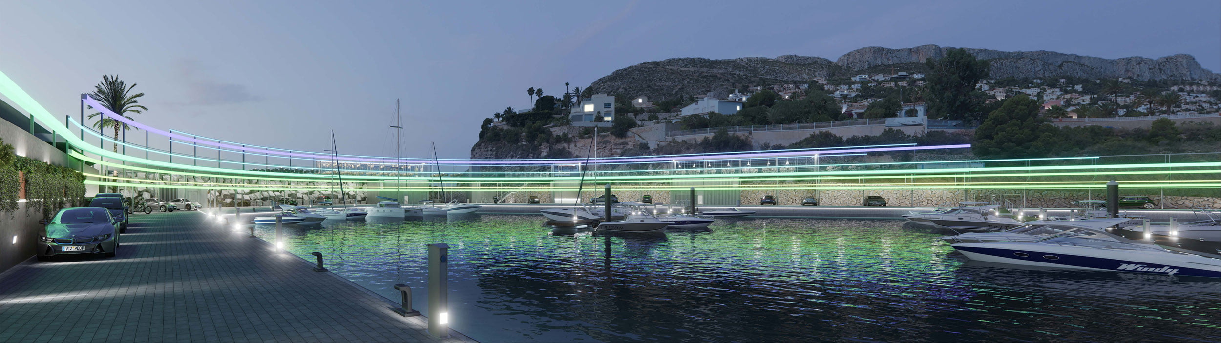 Render panorámico del puerto deportivo Marina Calpe al atardecer con perfiles led y embarcaciones